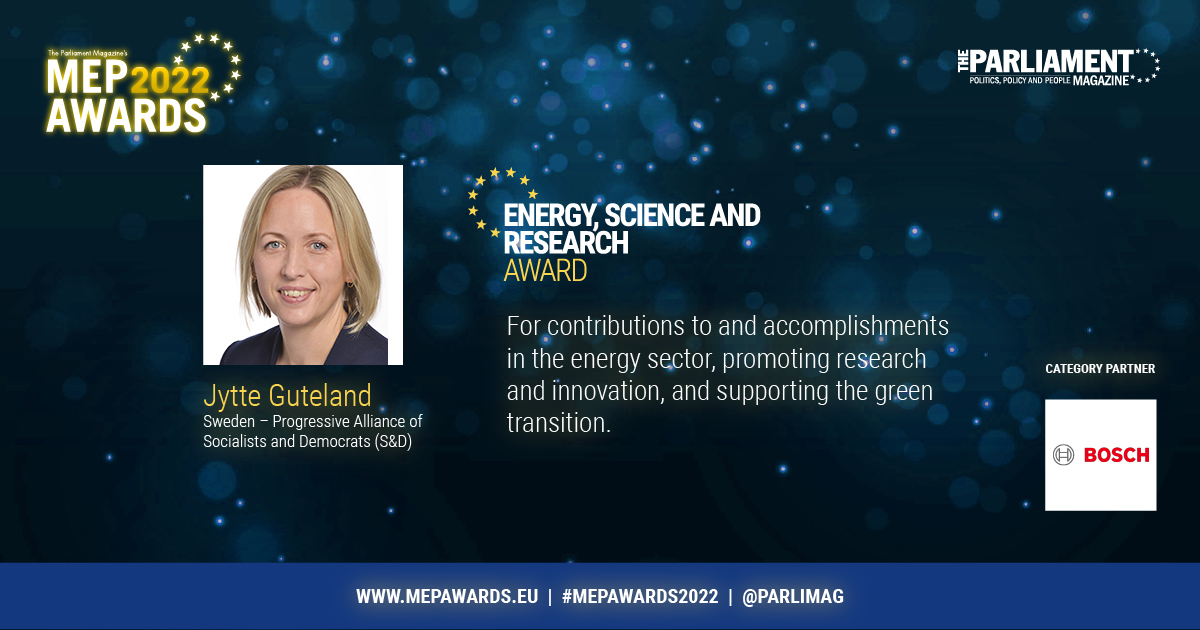 For contributions in the energy sector, promoting research and supporting the green transition, congratulations to Sweden’s <a href="/JytteGuteland/">Jytte Guteland</a> from <a href="/TheProgressives/">S&D Group</a> for winning tonight  #MEPAwards2022