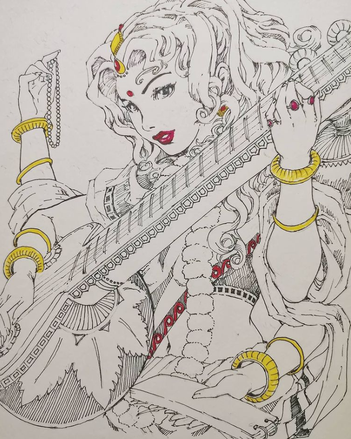 Black and white drawing of indian hindu goddess Saraswati, Art Print |  Barewalls Posters & Prints | bwc54594974
