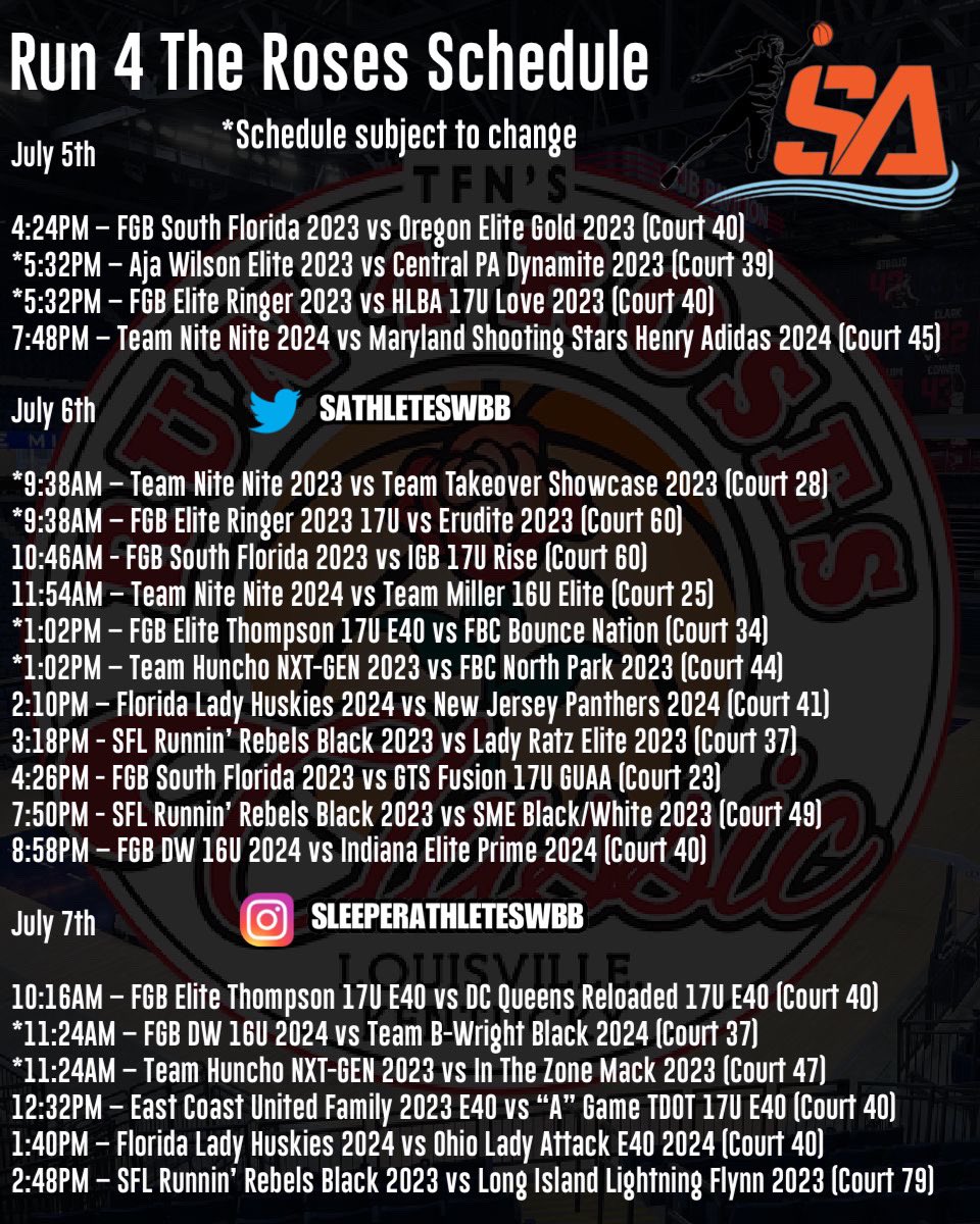 Sleeper Athletes Ladies Basketball (@sathleteslbb) on Twitter photo #SleeperAthletesWBB Tentative Schedule for <a href="/TFNsRun4Roses/">TFN's Run 4 Roses</a> this weekend!
All photos & video by <a href="/ThaRealSleep/">Michael Robinson aka βSleepβ</a> will be on all social media accounts
<a href="/FGBvsEveryone/">@FGBvsEveryone</a> @sflrunninrebels <a href="/FGBSouthFlorida/">FGB South Florida</a> @2024Nite <a href="/LadyRatzElite/">Lady Ratz Elite</a> <a href="/ECunitedbball/">eastcoastunited</a> <a href="/ladyhusky_gbb/">Florida Lady Huskies</a> <a href="/palmetto76erawe/">Palmetto 76ers/Aja Wilson Elite</a> #SleeperAthletesWBB Tentative Schedule for <a href="/TFNsRun4Roses/">TFN's Run 4 Roses</a> this weekend!
All photos & video by <a href="/ThaRealSleep/">Michael Robinson aka βSleepβ</a> will be on all social media accounts
<a href="/FGBvsEveryone/">@FGBvsEveryone</a> @sflrunninrebels <a href="/FGBSouthFlorida/">FGB South Florida</a> @2024Nite <a href="/LadyRatzElite/">Lady Ratz Elite</a> <a href="/ECunitedbball/">eastcoastunited</a> <a href="/ladyhusky_gbb/">Florida Lady Huskies</a> <a href="/palmetto76erawe/">Palmetto 76ers/Aja Wilson Elite</a>