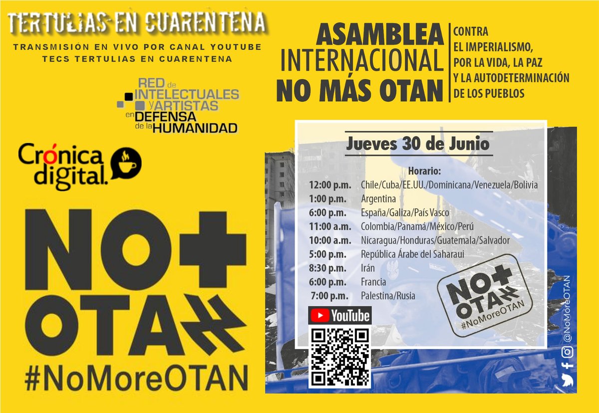 txemasg's tweet photo. Asamblea Internacional «No más OTAN» 
este próximo 30 de junio. 
Será virtual y reunirá militantes antiimperialistas de todo el mundo

-España/Galiza/País Vasco 6:00 p.m.
-Colombia/Panamá/Perú 11a.m.
-Honduras/Guatemala/Salvador 10:00 a.m

https://t.co/rEJOLIze6M https://t.co/p1q9QAkU5v