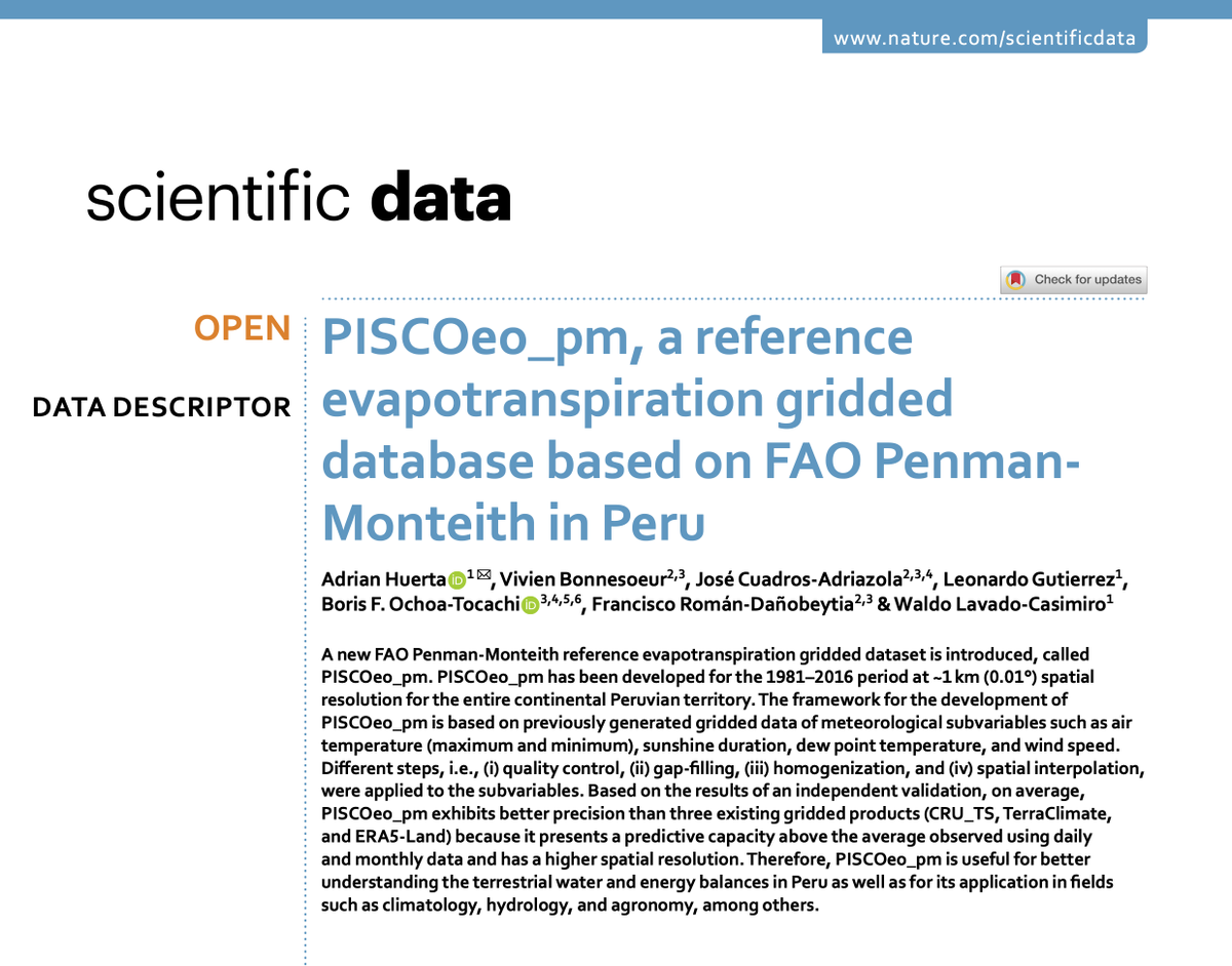 topicster's tweet photo. New Paper! 📜
PISCOeo_pm, a reference evapotranspiration gridded database based on FAO Penman-Monteith in Peru
by #AHuerta, #VBonnesoeur, @jcuadrosadr, #LGutierrez, @topicster, #FRoman, @wlavado .
Open Access: https://t.co/NwfZhLGcLs.
/ @Senamhiperu #iMHEA #PISCOeo_pm #PISCO. https://t.co/C9oh7eU2Gu