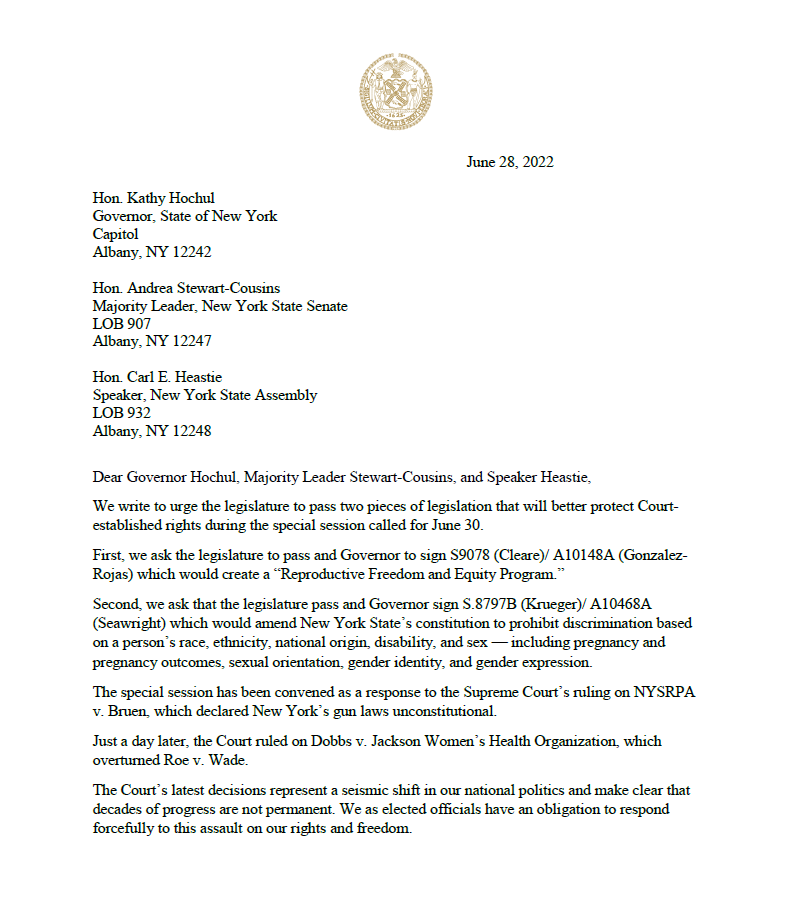 galeabrewer's tweet photo. Alongside @CabanD22, @CMAmandaFarias, @CMFarahLouis, and @JulieMenin I am calling on Albany leadership to pass two pieces of legislation related to abortion and equal rights during the June 30 special session. Link to letter: https://t.co/2yR7aQ1Eku https://t.co/qMgnHHimhs