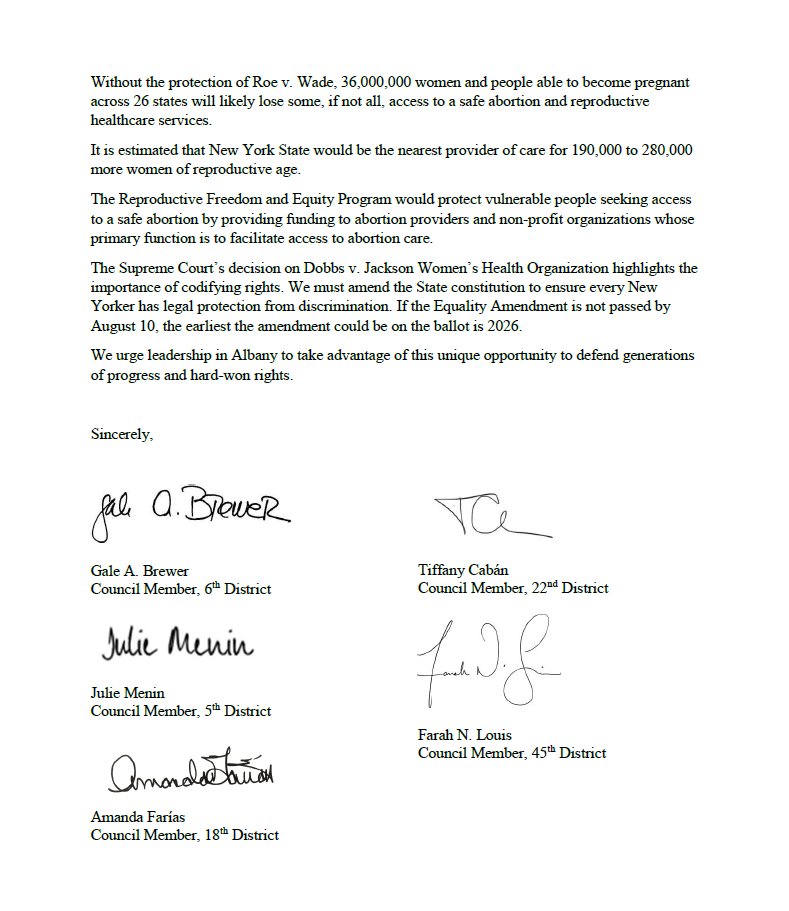 Alongside <a href="/CabanD22/">Council Member Tiffany Cabán (D22)</a>, <a href="/CMAmandaFarias/">Council Member Amanda Farías</a>, <a href="/CMFarahLouis/">Council Member Farah N. Louis</a>, and <a href="/JulieMenin/">Julie Menin</a> I am calling on Albany leadership to pass two pieces of legislation related to abortion and equal rights during the June 30 special session. Link to letter: bit.ly/3Adw24b