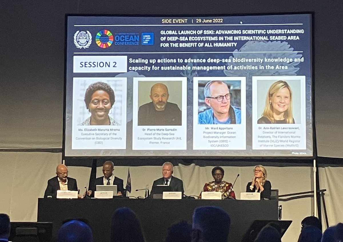 Launch of Sustainable Seabed Knowledge Initiative by International Seabed Authority. Two audience questions about establishing moratorium on seabed mining until we have more knowledge of deep-sea ecosystems. Two dismissive pivots from ISA Secretary-General. End of discussions.