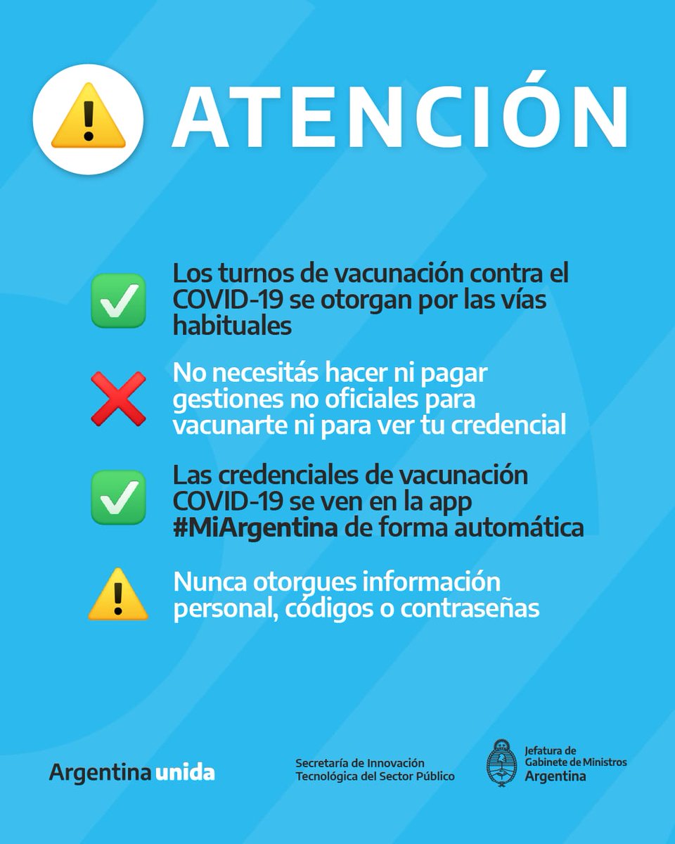 MinSalud_Ar's tweet photo. 🔴 ATENCIÓN

Desde #MiArgentina y desde el Ministerio de Salud no realizamos llamadas telefónicas para otorgar turnos de vacuna COVID-19.

��� Si recibís un llamado de número privado por este tema, es falso: no otorgues información personal ni códigos. https://t.co/xkwSswxOtU https://t.co/Ta8VsK6UoM