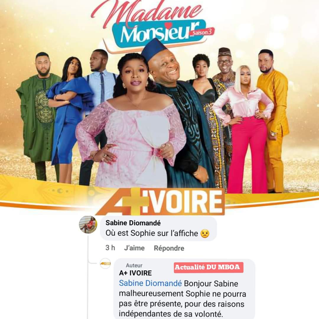 HumourCine237's tweet photo. 🔴News
 Emy Dany Bassong aka Sophie ne sera pas à l'avant -première de Madame.Monsieur série le 07 Juillet 2022 à Abidjan en Côte d'Ivoire. 
Selon vous, pourquoi?
Source: A+ IVOIRE 
#RemplissonsLesSalles https://t.co/8EwMnCYhl3
