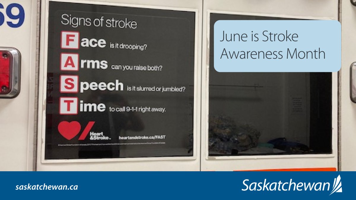 June is Stroke Awareness month. Can you recognize the signs of a stroke? 
Think FAST.
Face - is it drooping; Arms - can you raise both; Speech - is it slurred or jumbled; Time to Call 911
Find more information about stroke at heartandstroke.ca