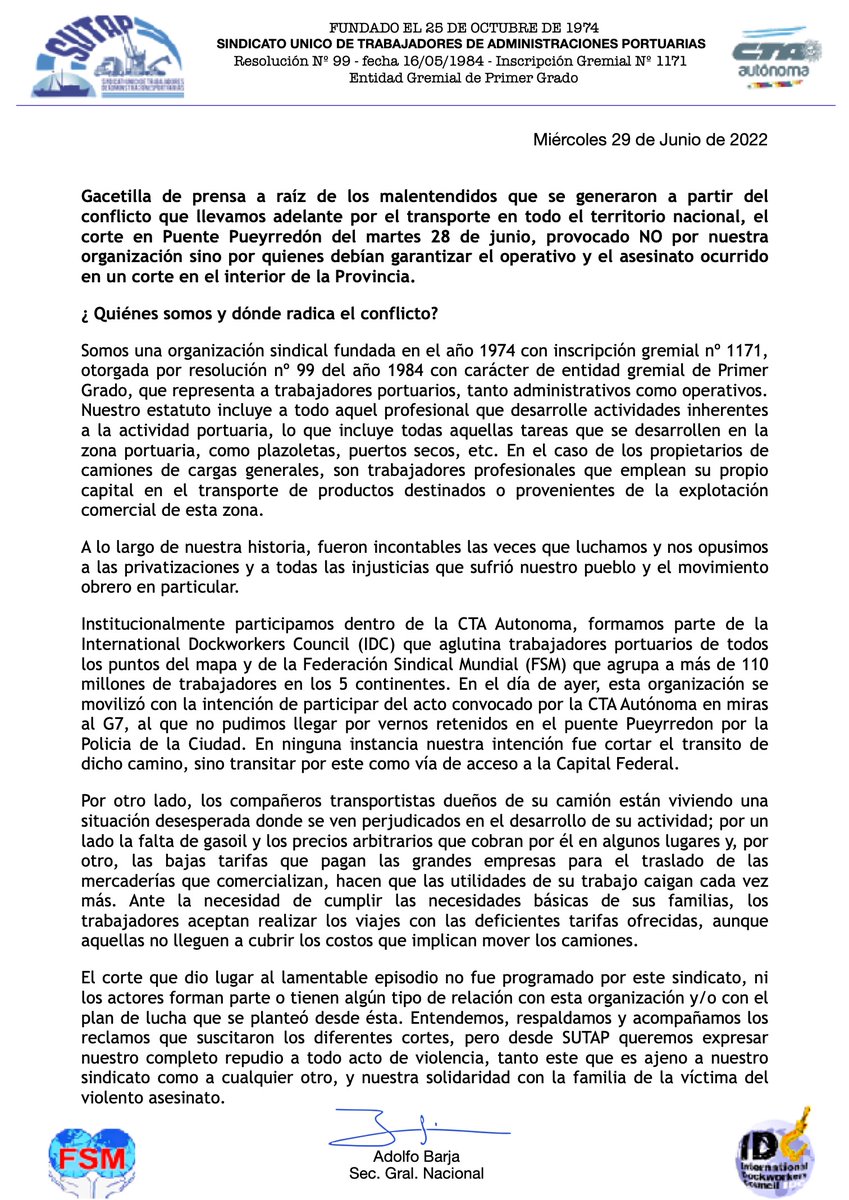 PrensaSutap's tweet photo. Los cortes organizados por la Mesa Coordinadora se desarrollaron en orden. Los acusados del crimen de la víctima no forman parte de esta organización ni tuvimos participación en ese corte en particular. 
Nos solidarizamos con la familia de la víctima del violento asesinato. https://t.co/XhAeCFG8lC