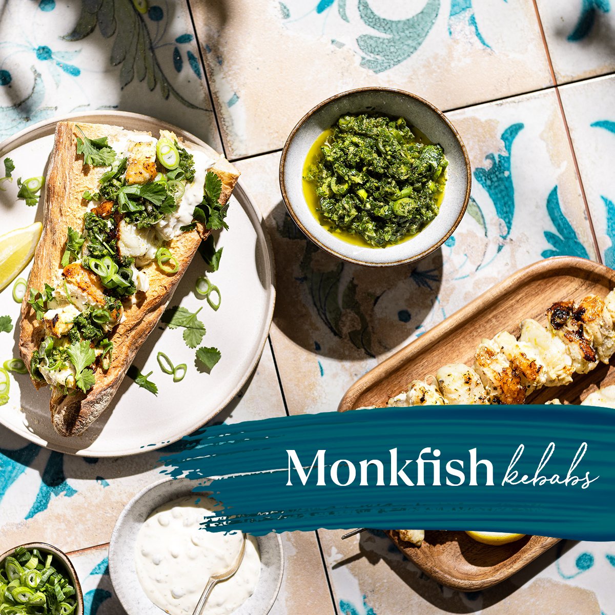 MONKFISH KEBABS 🐟  Zesty chermoula + lightly spiced fish + caper mayonnaise = 😍 
This delightful summer recipe by <a href="/ChefJoshKatz/">Joshua Katz</a> is also featured in our latest 1874 magazine - let us know if you give it a try: bit.ly/3nnXN2w