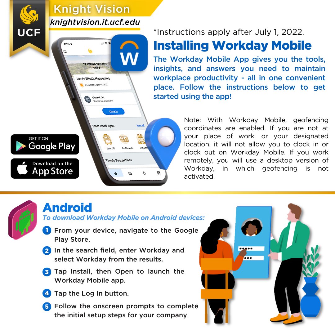 UCFKnightVision's tweet photo. Installing the #Workday app on your mobile device is easy! 📱 ✅ Starting Friday, July 1st, simply search for "Workday" on your devices' App Store and refer to the following instructions for setting up the app on your device!
▪️ 
#KnightVision #UCF #UCFIT #UCFStaff #UCFFaculty https://t.co/OR6NUBSonN