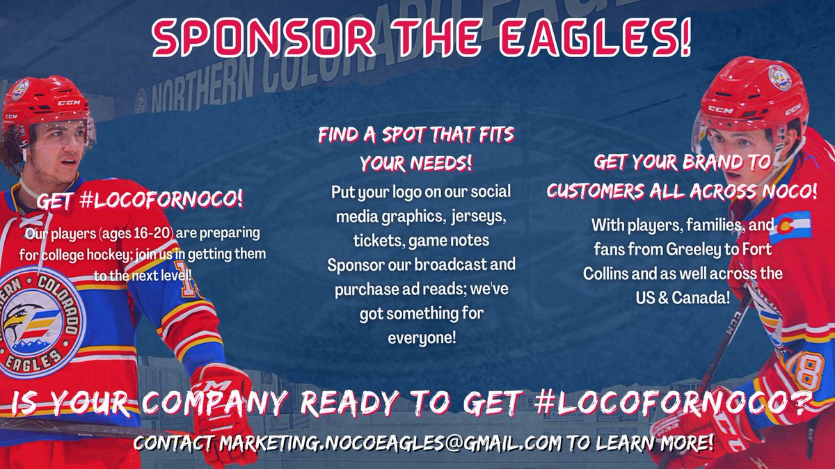 NoCoEaglesUSPHL's tweet photo. Sponsor the Eagles on social media, our tickets, game notes, and more!
Contact us at marketing.nocoeagles@gmail.com for more information!!
#locofornoco https://t.co/MbdXG6H2DO