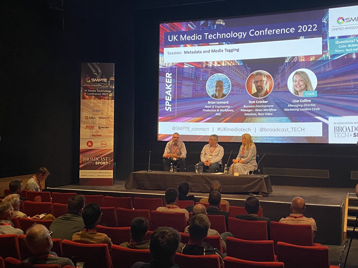 Broadcast_Tech's tweet photo. Our final session of the day, @IMG’s Brian Leonard and @ross_video’s Tom Crocker with @LisaIbbotson discussing #metadata and #media tagging. #UKMediaTech @smpteconnect https://t.co/acT4ifuHDz