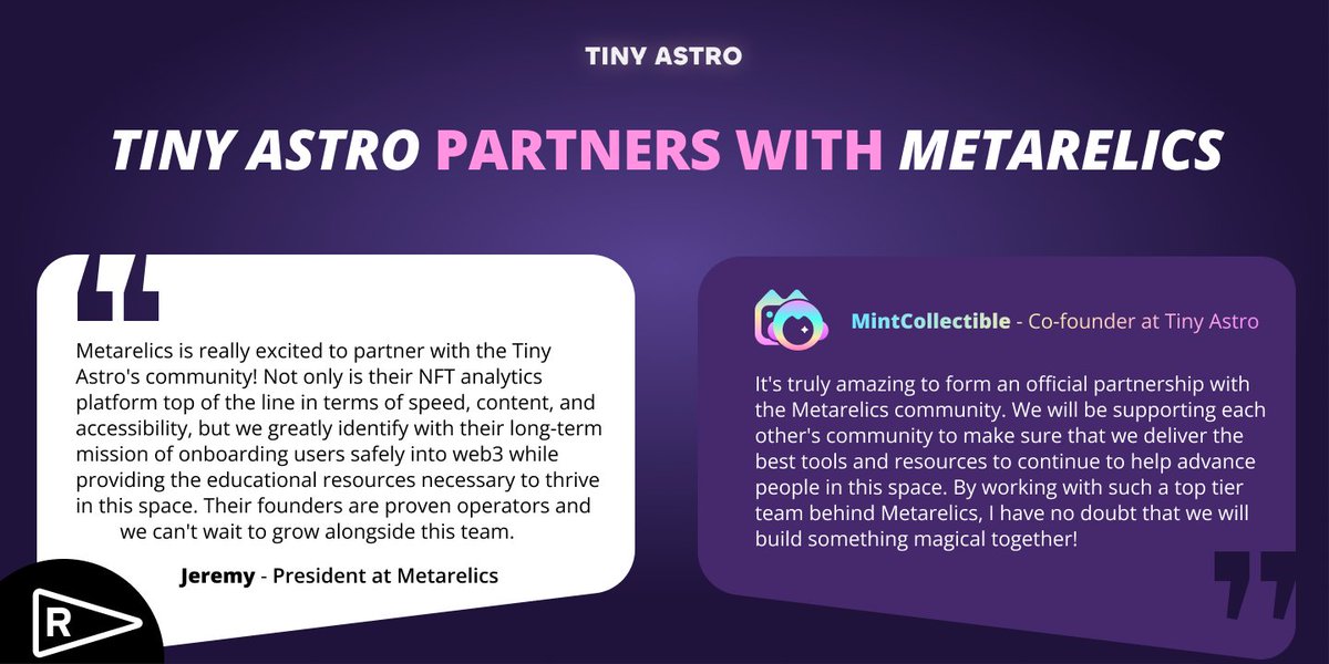 Tiny Astro &amp; Metarelics (<a href="/metarelics/">Metarelics</a>) have officially entered into a long-term partnership🤝 

Both communities will work together closely in providing each other value for the long run and help advance newcomers to the Web3 space🚀