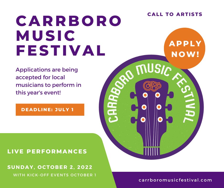 Attention Local Musicians! The 2022 Carrboro Music Festival will be held on Sunday, October 2nd. The application deadline is Friday, July 1st. For more information and a link to the application, please visit tinyurl.com/5c9adu8a