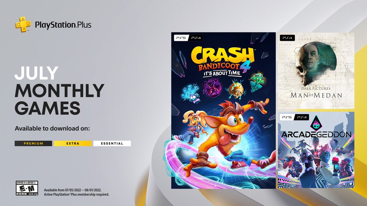 PlayStation's tweet photo. Your PlayStation Plus Monthly Games are:

🌪️ Crash Bandicoot 4: It’s About Time
⚓ Man of Medan 
🕹️ Arcadegeddon

Full details: https://t.co/9ep833Ii5Y https://t.co/7xJ3BH7dmn