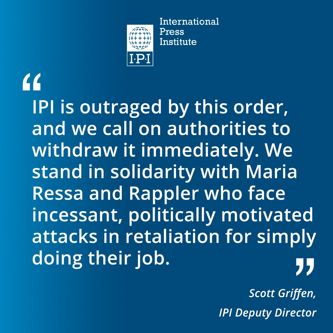 IPI - The Global Network for Independent Media (@globalfreemedia) on Twitter photo 2022-06-29 15:13:16 @rapplerdotcom @khadijapatel @Virginiapalonso @ekizilkaya @MahfuzAnamDS @jdaniszewski @IngridThurnher @BBCDavidJordan @mariaressa @SpillmannMarkus @morrton @barbara_trionfi IPI Deputy Director @scott_f_griffen: “The #Philippine’s decision to shut down @rapplerdotcom is a flagrant attempt to silence a critical media outlet and a serious violation of #PressFreedom, which has rapidly eroded under the Duterte administration” #HoldTheLine @rapplerdotcom @khadijapatel @Virginiapalonso @ekizilkaya @MahfuzAnamDS @jdaniszewski @IngridThurnher @BBCDavidJordan @mariaressa @SpillmannMarkus @morrton @barbara_trionfi IPI Deputy Director @scott_f_griffen: “The #Philippine’s decision to shut down @rapplerdotcom is a flagrant attempt to silence a critical media outlet and a serious violation of #PressFreedom, which has rapidly eroded under the Duterte administration” #HoldTheLine