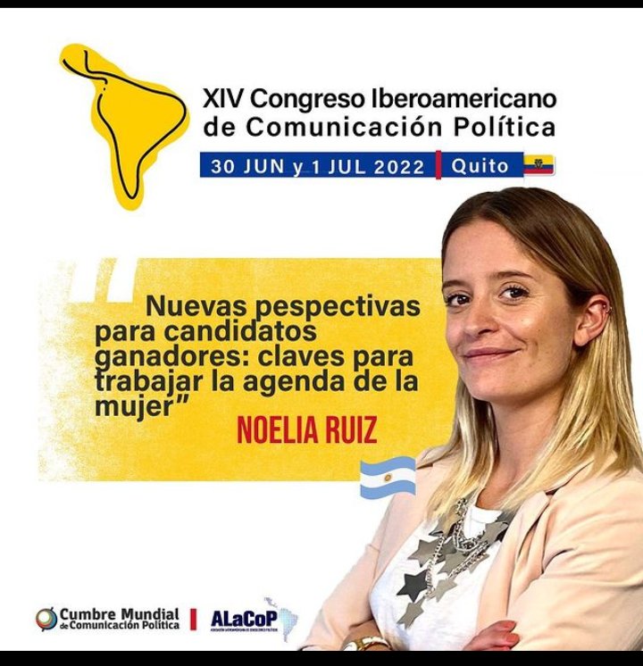 La diputada provincial y presidenta del PRO Mercedes <a href="/NoeliaRuiz1/">Noelia Ruiz</a> participará en los próximos días del Congreso Iberoamericano de Comunicación Política <a href="/AlacopLatam/">ALaCoP</a>