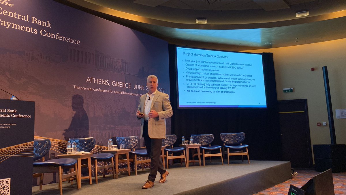 CurrencyResearc's tweet photo. Terrific final presentation here this afternoon from Jim Cunha of the @BostonFed. Great insights on #ProjectHamilton and the many trade-offs that must be weighed when designing a #cbdc.
#CBPC2022 #centralbanks #payments https://t.co/MFflw8c2za