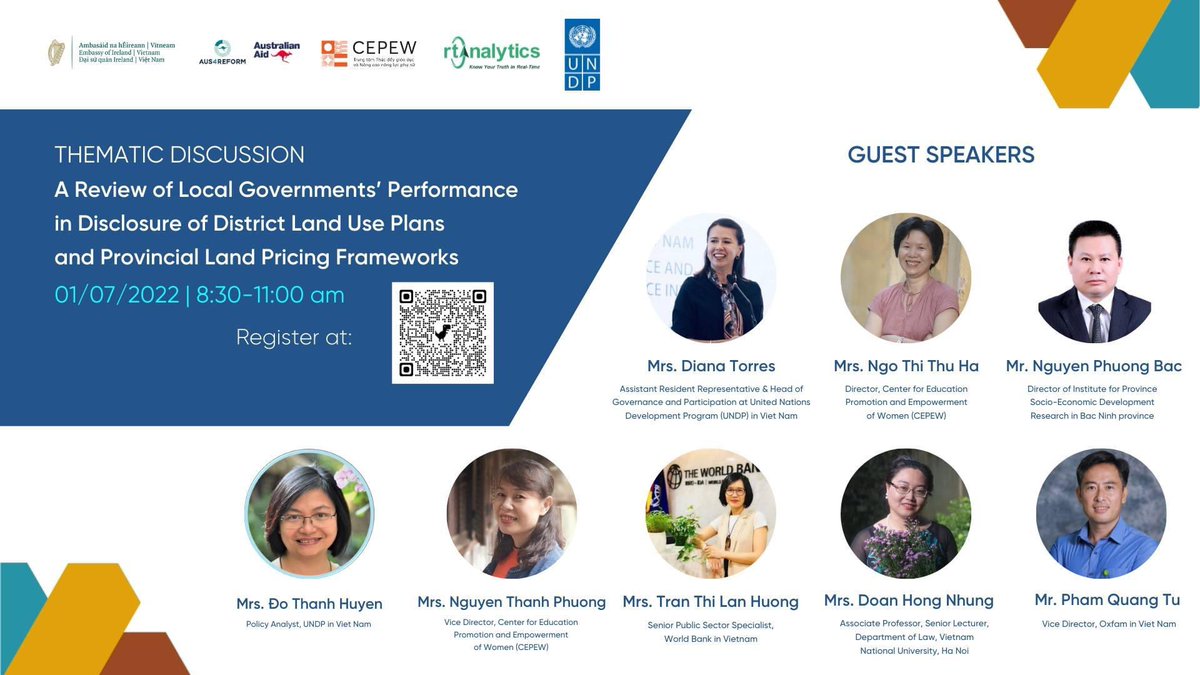 DianaFTorresR's tweet photo. Looking forward to this discussion. @PAPI_Vietnam and @CepewV will share the findings of the latest research on access to information of land use plans & land price framework with recommendations for local governments to improve transparency and overall land governance. 👇🏾 https://t.co/3QGdHVN76i