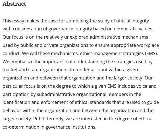 #DemocraticGovernance as a Function of #EthicsManagement Strategies doi.org/10.1080/109999… @tandfonline @PubAdminIDEA @napawash @ASPA_SICA @PPMG2018 @for_cps @dei_dpap @SageTpa @ASPAtweets @aspaSPAE @patheory @nytimes @GMA @AP @NPR @pbs