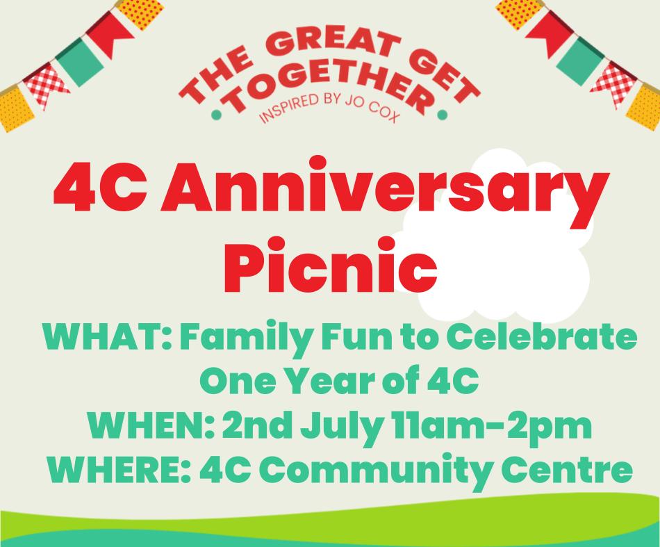 AgeUKTameside's tweet photo. Come and bring a picnic down to 4C to celebrate the centre’s first anniversary! There will be giant games, a bouncy castle, face painting, and more! Saturday 2nd July, 11am-2pm. @4CAshton @Great_Together #Community #Anniversary #4C https://t.co/MEijwJbGKM