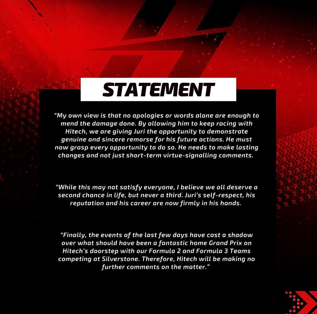 🚨 Statement from Hitech on Jüri Vips’ on-going participation in <a href="/Formula2/">Formula 2</a> 🚨