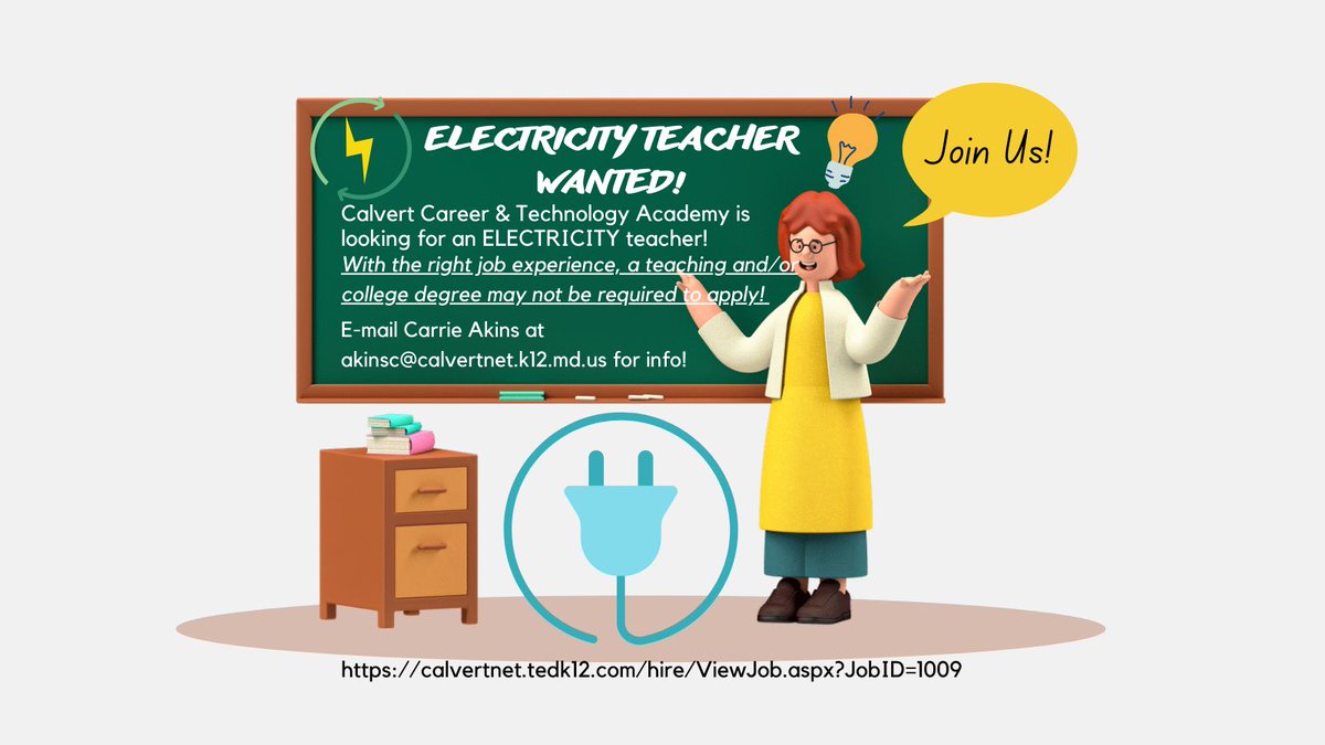 🚨 PLEASE RT!!!! 🚨Even if you aren’t local, RT anyway!! ⚡️ We are looking for an ELECTRICITY TEACHER in Calvert County, MD <a href="/CTA_CCPS/">CTA</a> ⚡️A teaching/college degree not necessarily required to apply!! calvertnet.tedk12.com/hire/ViewJob.a…