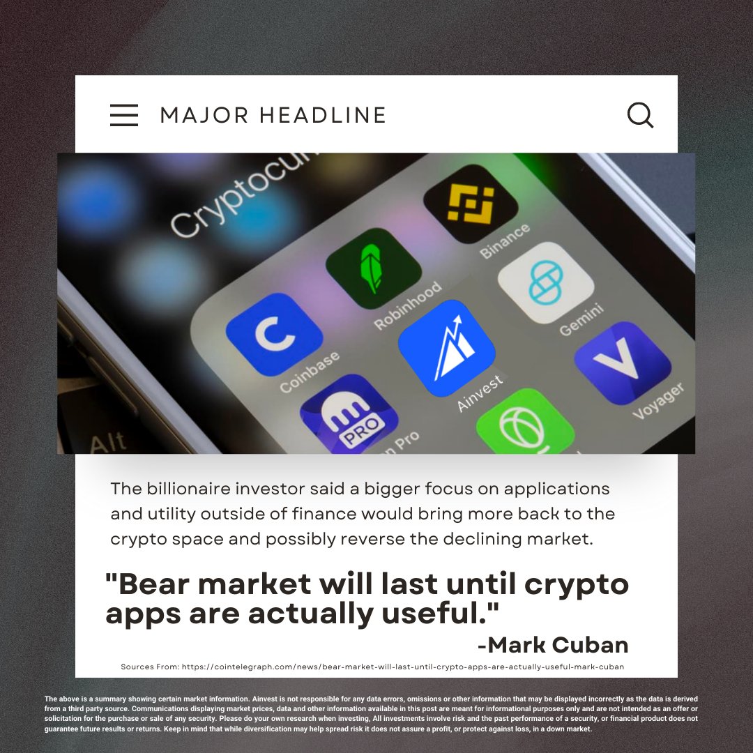The billionaire investor said a bigger focus on applications and utility outside of finance would bring more back to the crypto space and possibly reverse the declining market.
Follow @Ainvest_Wire for more.
#ainvest #BearMarkets #BearMarket2022 #StockMarket #inflation #FOMC https://t.co/8faEoTMYVZ