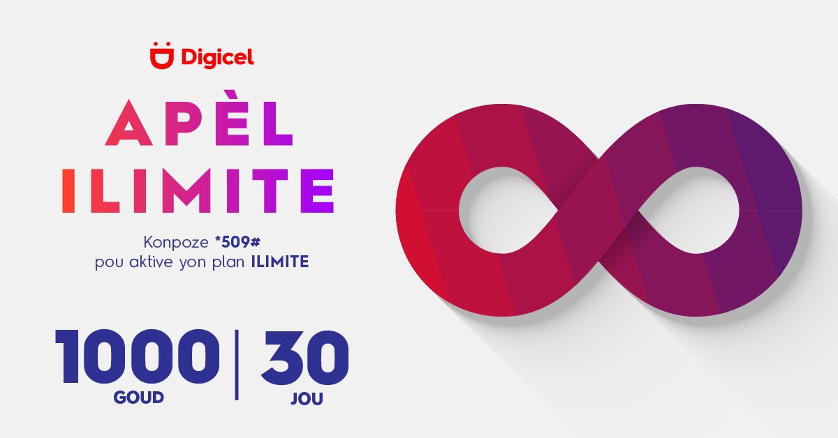 DigicelHT's tweet photo. Digicel TOUJOU bay PLIS. 
Nou gen plan #ILIMITE pou TOUT MOUN. Ak plan #ILIMITE 1,000 Goud la ou ka fè 30 JOU ap pale san pran souf. Konpoze *509# ale sou Pale #ILIMITE epi aktive plan ilimite pa w la. Fè apèl Digi-Digi nèt ale pandan 30 jou ak plan #ILIMITE 1,000 Goud la. https://t.co/Vej4tgJ5G5