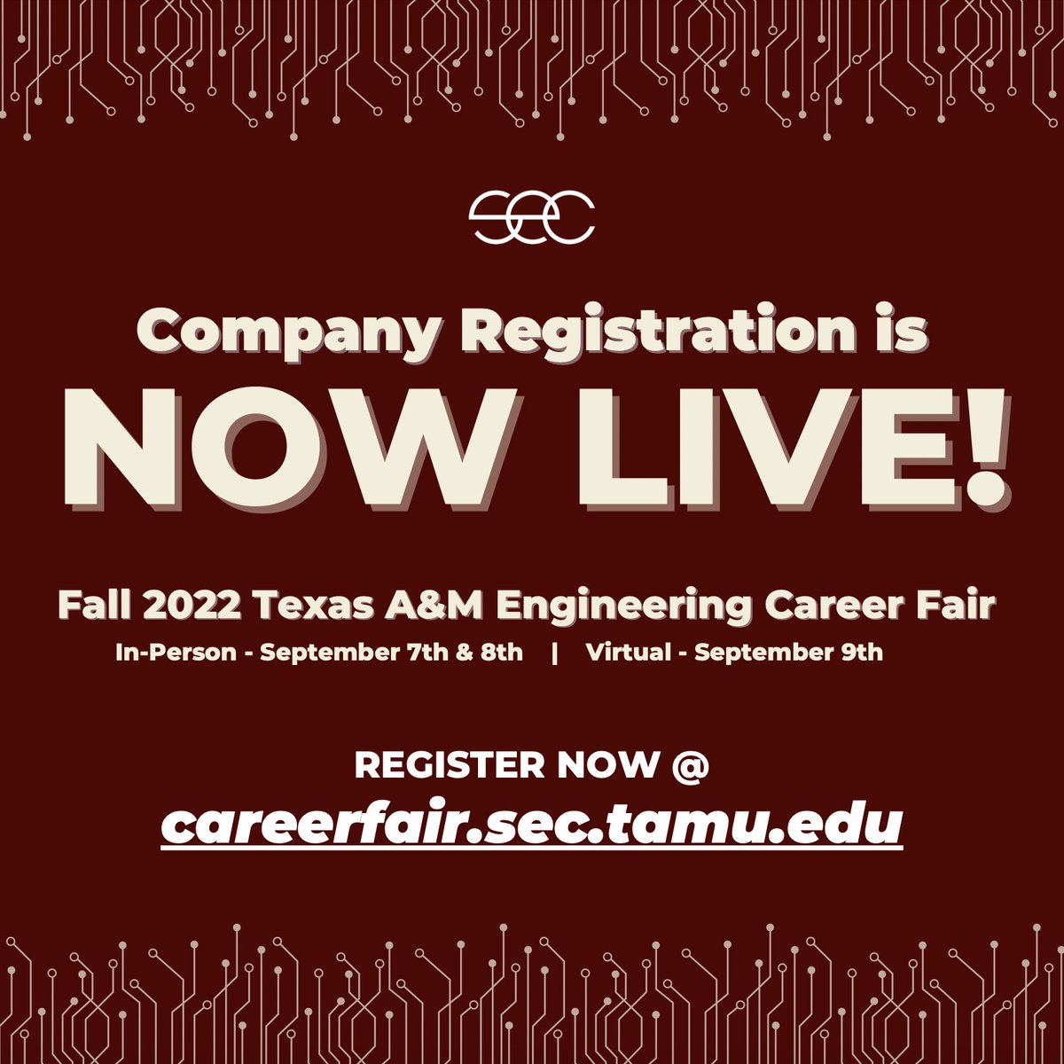 TAMUsec's tweet photo. We are excited to announce that company registration for the SEC Fall 2022 Texas A&amp;M Engineering Career Fair is NOW LIVE!

The fair will be in-person on September 7th and 8th and virtual on September 9th. REGISTER NOW using this link: 
https://t.co/ahheNLlDix https://t.co/tNTemHZxJk