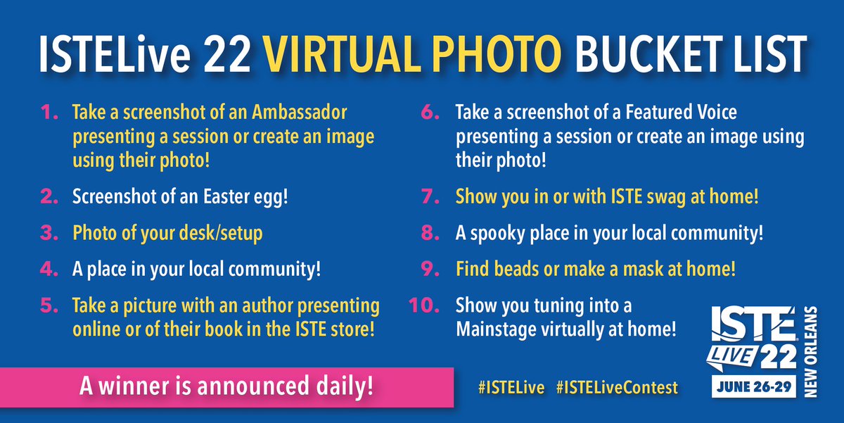 ISTEofficial's tweet image. Joining virtually? LAST DAY to participate in the #ISTELive 22 Photo Bucket List Contest!

How to enter:
&amp;gt; Post your photo(s) from the list on Twitter or Instagram, TAG ISTE &amp;amp; use #ISTELiveContest &amp;amp; #ISTELive

One random winner will be chosen daily! Profiles must be public.