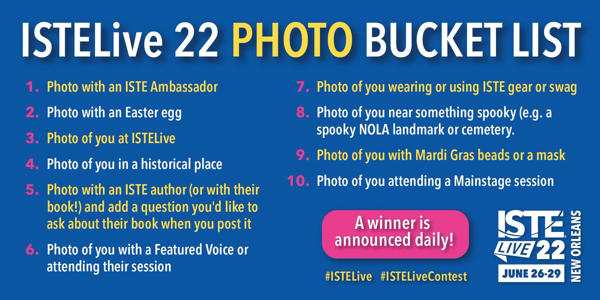 ISTEofficial's tweet image. LAST DAY to participate in the #ISTELive 22 Photo Bucket List Contest!

How to enter:
&amp;gt; Post your photo(s) from the list on Twitter or Instagram, TAG ISTE &amp;amp; use #ISTELiveContest &amp;amp; #ISTELive

One random winner will be chosen daily! Profiles must be public to enter.