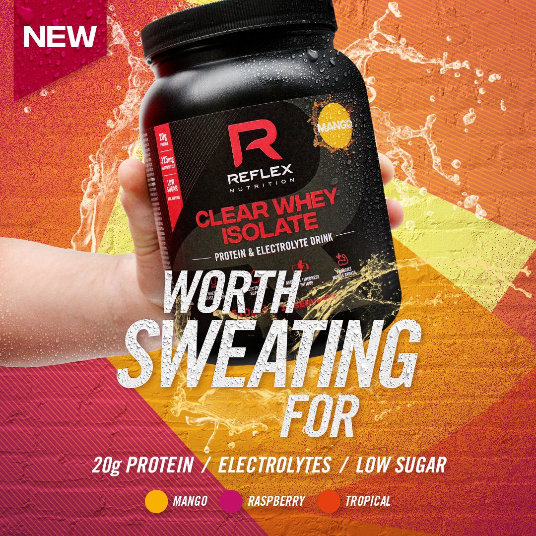 BRAND NEW CLEAR WHEY ISOLATE! It's worth sweating for 🥭💦 With high protein, low sugar and added electrolytes - top up your daily protein with a light and refreshing taste! Shop your new favourite summer drink now : bit.ly/3xXC6ey #ITrainWithReflex #Juicy #ClearWhey