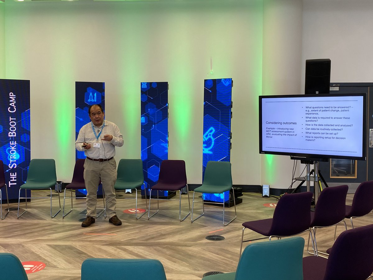 ENUHealthSocial's tweet photo. The importance of outcomes has come up again in @CharlieChung90’s session! 

❓ Remember to consider what questions need to be answered and what data is required to answer these questions. 

#StrokeBootCamp https://t.co/pKZJPQO101
