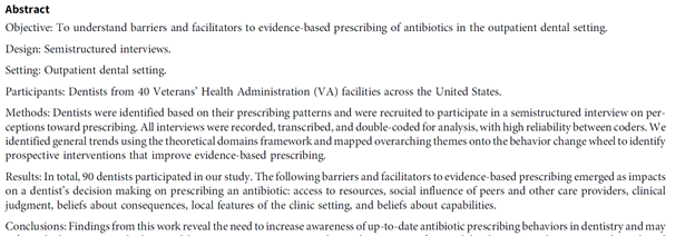 DrAshleyH's tweet photo. ❗️❗️NEW PUB ALERT❗️❗️ 1/Dentists prescribe #antibiotics discordant with guidelines. We interviewed 90 #VA #dentists from high &amp; low prescribing clinics to find barriers &amp; facilitators to evidence-based prescribing. Funded by @VAhsrd #antibioticstewardship @Sudamonas @walidgellad https://t.co/dMeofYgcA4