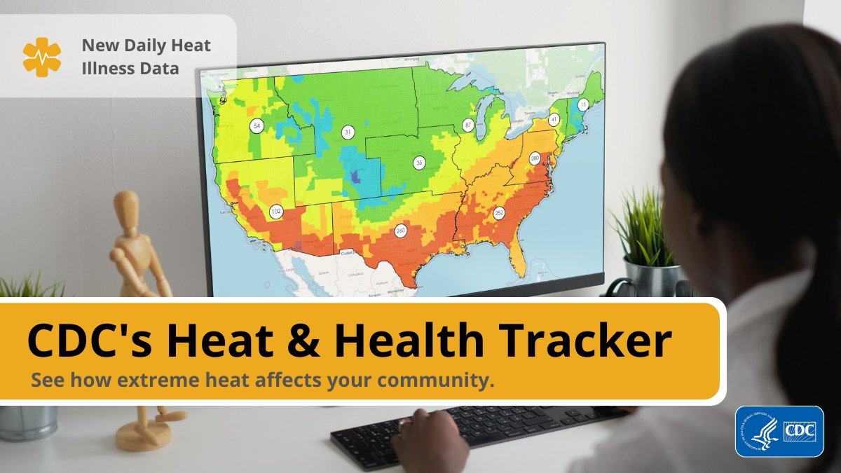 Looking for local data & info to help plan for #ExtremeHeat events? CDC’s Heat & Health Tracker has you covered. Check out bit.ly/CDCHeatTracker and explore: 🏥 Real-time heat related illness ☀️ Heat wave forecast 🌡️ Temperature and health data