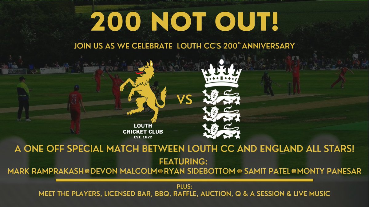 On July 29 we're celebrating the Club's 200th anniversary with a match against an England All Star XI - including Mark Ramprakash, Devon Malcolm &amp; more!

Join us for what promises to be a fantastic day as we mark this amazing milestone!

 Tickets ➡ bit.ly/LouthCC200