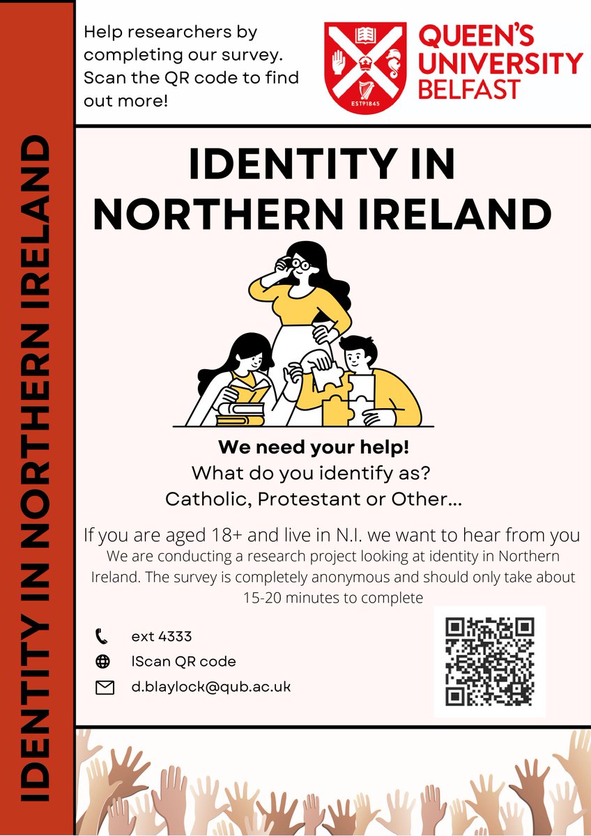 Help needed! If you live in Northern Ireland, please take a moment to take complete a small(ish) survey. Scan the QR code below, or follow the link: tinyurl.com/QUBIDENTITY22