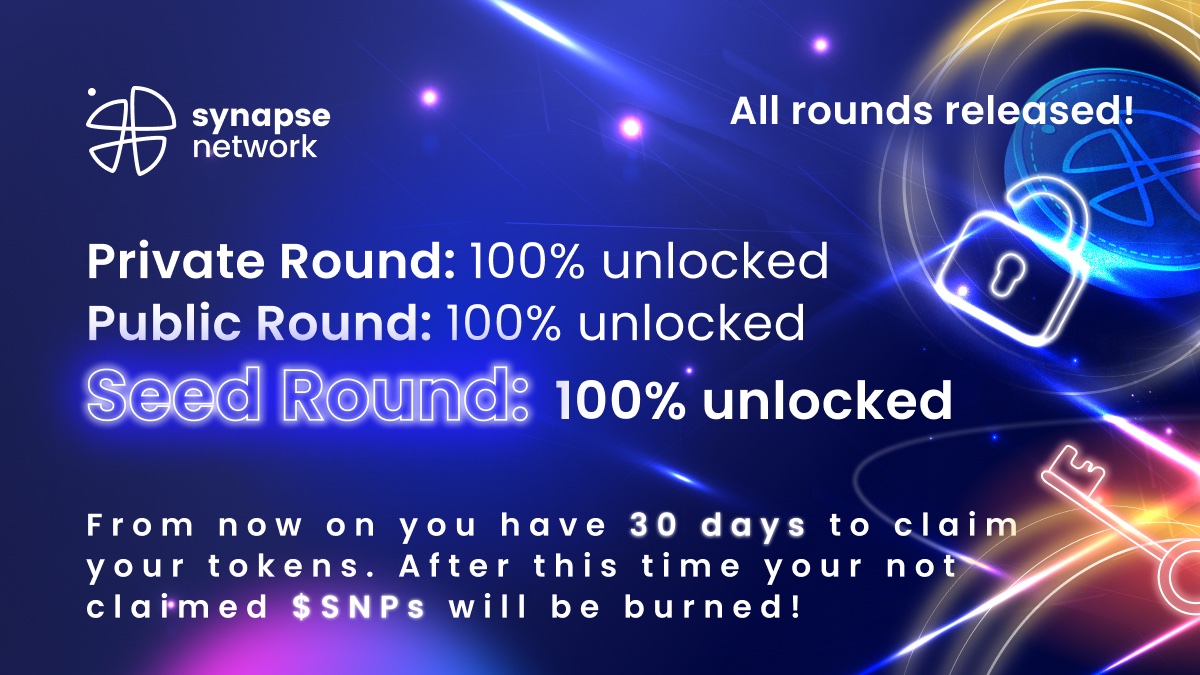 SynapseNetwork_'s tweet photo. 🚨 This is happening! 🚨

✅ Private: 100% unlocked
✅ Public: 100% unlocked

and today...

🎉 SEED: 100% UNLOCKED 🎉 

All rounds released 🚀

Claim your tokens here ⬇️
https://t.co/dYB1t2cFgD

🔥After 30 days your not claimed $SNP will be burned 🔥 https://t.co/yKAFFHGi39