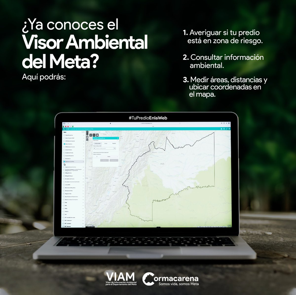 CORMACARENA's tweet photo. #TuPredioEnLaWeb | Cormacarena ha dispuesto al servicio de la ciudadanía el aplicativo Visor Ambiental, un mapa digital con información geográfica del Meta, donde podrán consultar características ambientales de una zona o un predio.

Ingresa a https://t.co/V7SMZNuacs y conocelo. https://t.co/pZYnEYuxoc