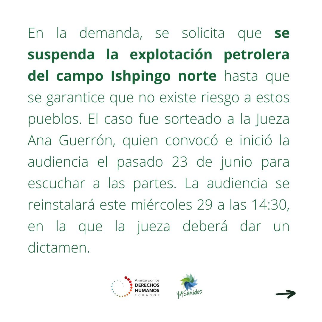 DDHH_Alianza's tweet photo. 📣HOY| Audiencia de medidas cautelares solicitadas por la  @DDHH_Alianza para proteger la vida de los Pueblos Indígenas Aislados del #Yasuní. #Amazonía 
@CJudicaturaEc @Ambiente_Ec
@DDHH_Ec
#NoMasExterminioEnElYasuní
@EFEnoticias @revistaPlanV
@infobaeamerica
¿Qué se solicita? ⬇️ https://t.co/4dLn1DPWlg