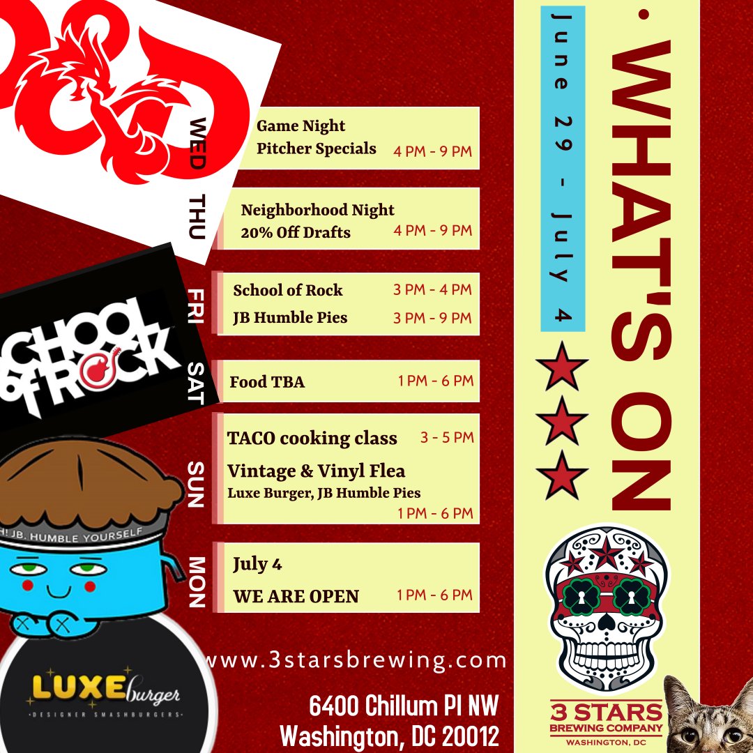 What's On this week you ask?
Boardgames, DnD, School of Rock, a local vendor pop up, tasty food vendors and most excellent beverage options! Plus we're open July 4th, oh my!
