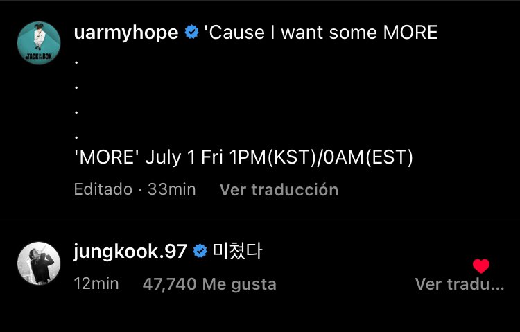 vminiecats's tweet photo. — #JUNGKOOK dejó varios comentarios en las recientes publicaciones de #Jhope. 

🐿 'Cause I want some MORE
'MORE' July 1 Fri 1PM(KST)/0AM (EST).
🐰 Es una locura. 
🐿 'MORE' Concept Photo 1
🐰 Esto es / eres tan genial, j-hope, vamoss. https://t.co/L9WSNLsr4w