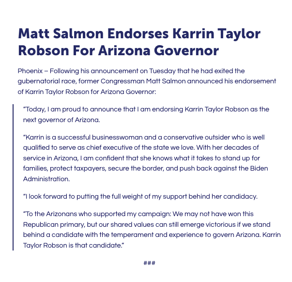 MattSalmonAZ's tweet photo. I am proud to endorse Karrin Taylor Robson as the next governor of Arizona.

@Karrin4Arizona, a successful businesswoman and conservative outsider, is a perfect fit to serve as the chief executive of the state we all love.

Support her here: https://t.co/oV2Th4TqBB https://t.co/a62fbPMkVr
