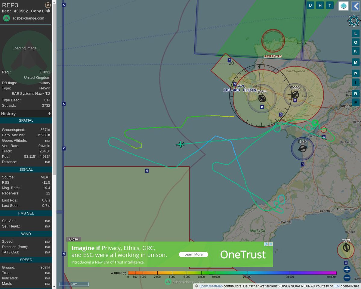 Radar_Assistant's tweet image. MULTI ADSBX MANOEUVRING ALERT : At time Wed Jun 29 16:43:33 2022 #REP3     was likely to be manoeuvring at FL121 6nm from VYL Valley_TACAN_GB
 near Sir Ynys Môn, Cymru / Wales, LL77 7YR, United King #AvGeek #ADSB globe.adsbexchange.com/?icao=43C562&amp;amp;z…