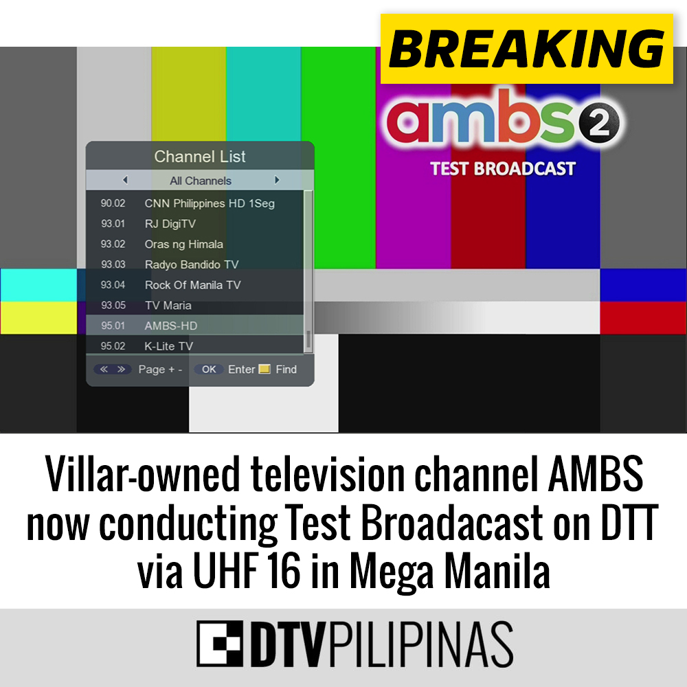 DTVph's tweet photo. #DTVph #BREAKING: Villar-owned broadcaster #AMBS has started test broadcasts on Digital Terrestrial TV (DTT) via UHF 16 (485.143MHz)

The DTT channel contains two channels: "AMBS-HD" and "K-Lite TV"

Full Details: https://t.co/E9DtPyhxIC

#SHIFTtoDTVph #DigitalTVPH #DTVPilipinas https://t.co/ZBsjWjet8a