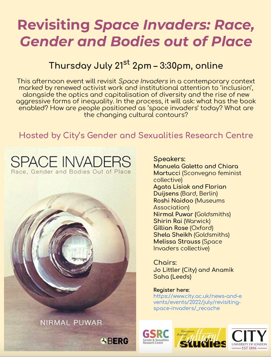 Re-Visiting Space Invaders, 21 July 2pm: 

W/ @spatialmutation @ProfGillian  @ShirinMRai @shelasheikh @Agata_Lisiak
 @ManuGal1 @RoshiNaidoo @FlorianDuijsens
 Chiara Martucci @JuneRei29195898 @Mel_Strauss
 @MSpaceInvaders  @littler_jo @Anamik1977 

Sign up: city.ac.uk/news-and-event…