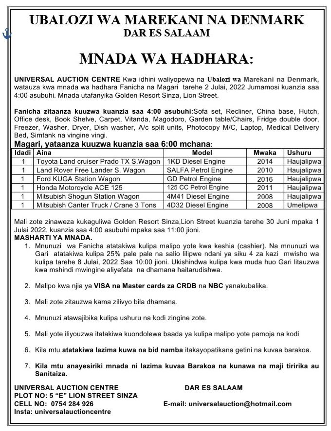 Uni_Auction's tweet photo. To be Auctioned this week Saturday as from 10 am. Venue: Golden Resort, Sinza near Lion Hotel. For further details do not hesitate to contact us +255 754 284 926 https://t.co/hVcoXl1Flz
