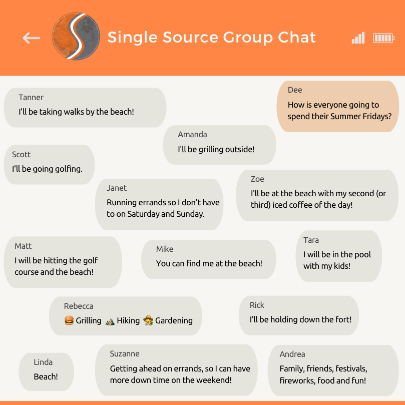 SingleSource's tweet photo. Our #SummerFriday hours start this week. We couldn’t be more excited! How will we be spending our Friday afternoons away from the office? Check out the group chat to find out….

#SummerVibes #SummerFun #ExecutionIsEverything #SingleSourceMarketing https://t.co/lc5AGqhFrm