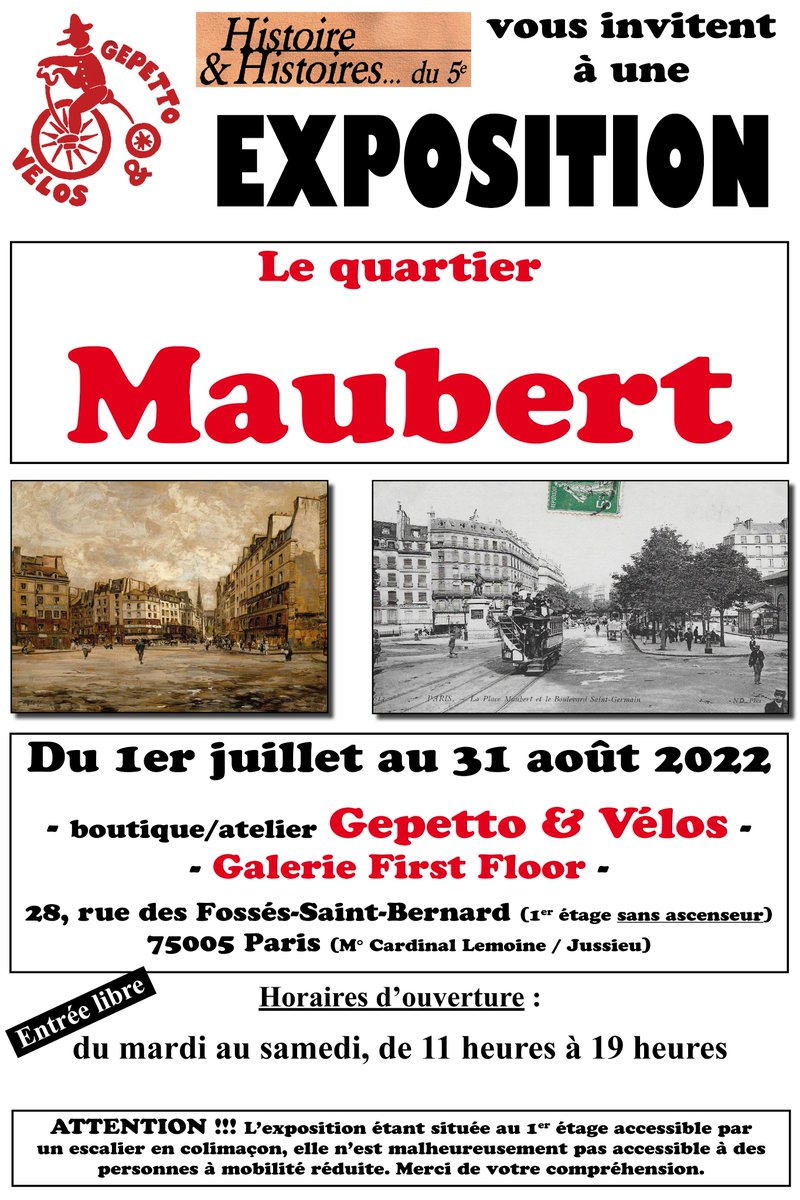 thidep's tweet photo. Au fait, je ne vous l'ai pas dit mais l'exposition "Le quartier Maubert" est prolongée jusqu'au 31 août.

C'est toujours chez Gepetto &amp; Vélos, au 28 rue des Fossés-Saint-Bernard (75005).

Du mardi au samedi, de 11 heures à 19 heures.
Entrée libre (gratuite, quoi !) https://t.co/vxOKmKu3dP